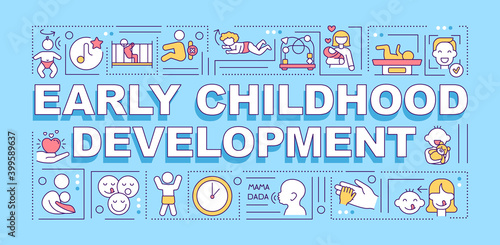 Early childhood development word concepts banner. Psychological, cognitive, social growth. Infographics with linear icons on blue background. Isolated typography. Vector outline RGB color illustration