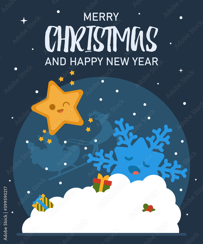 Cheerful polar star shines while a snowflake sleeps in a pile of snow with gifts. New Year's snowy atmosphere. Merry christmas and a merry new year. Banner concept for website or print.