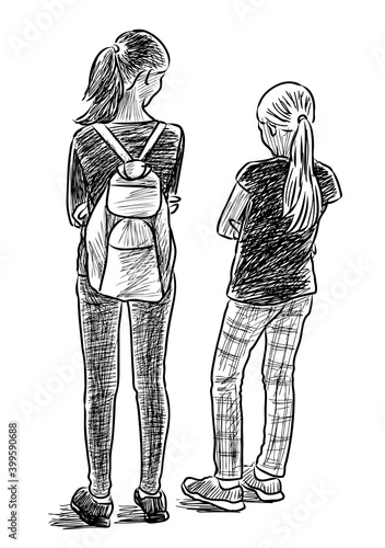 Sketch of two schoolgirls standing and talking outdoors