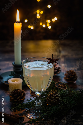 Christmas drink with Christmas  decoration and lights.