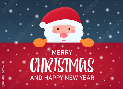 Vector concept of Christmas banner, background. Joyful Santa Claus holds a red background that says Merry Christmas and a Happy New Year. Christmas theme and New Year's greetings.