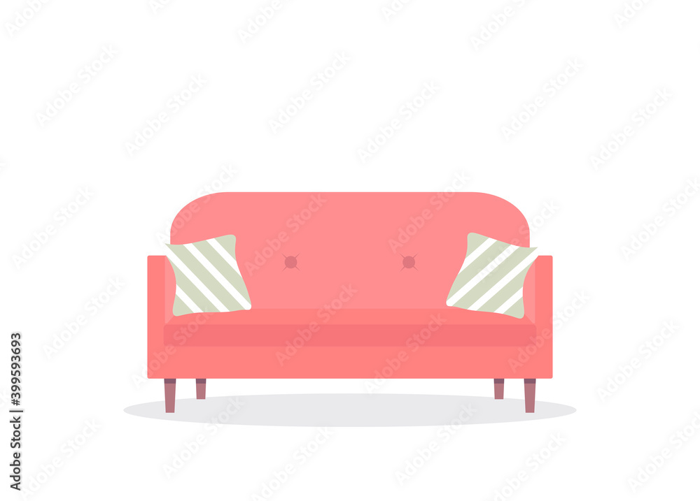 Sofa in cartoon style. Pink couch on white isolated layer. Vector illustration. Sofa in cartoon style. Pink couch on white isolated layer. Vector illustration.