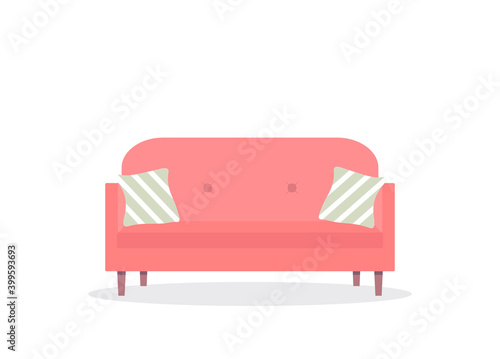 Sofa in cartoon style. Pink couch on white isolated layer. Vector illustration.