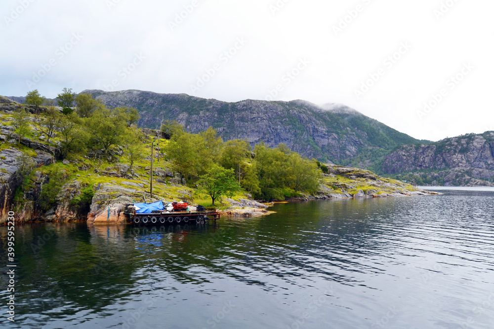 Norwegian fjord, mountains and islands. Natural landscape view, Norway. A boat trip in the Lysefjord near Stavanger.