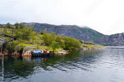 Norwegian fjord, mountains and islands. Natural landscape view, Norway. A boat trip in the Lysefjord near Stavanger. © Zhanko
