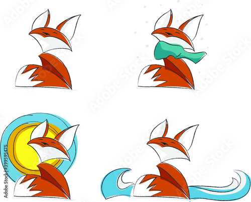 Small and cute illustrated fox. Fox made in vector with bright colors. Fox set with snow, sun and sea.
