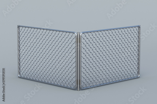 Section of metal grid fence on gray background. Protection of private territory. Temporary fencing in the city. Prison border. Construction for a dog enclosure. 3d rendering