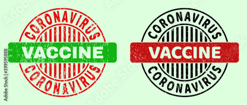 CORONAVIRUS VACCINE bicolor round watermarks with distress texture. Flat vector grunge seals with CORONAVIRUS VACCINE title inside circle, in red, black, green colors. Round bicolor seals.