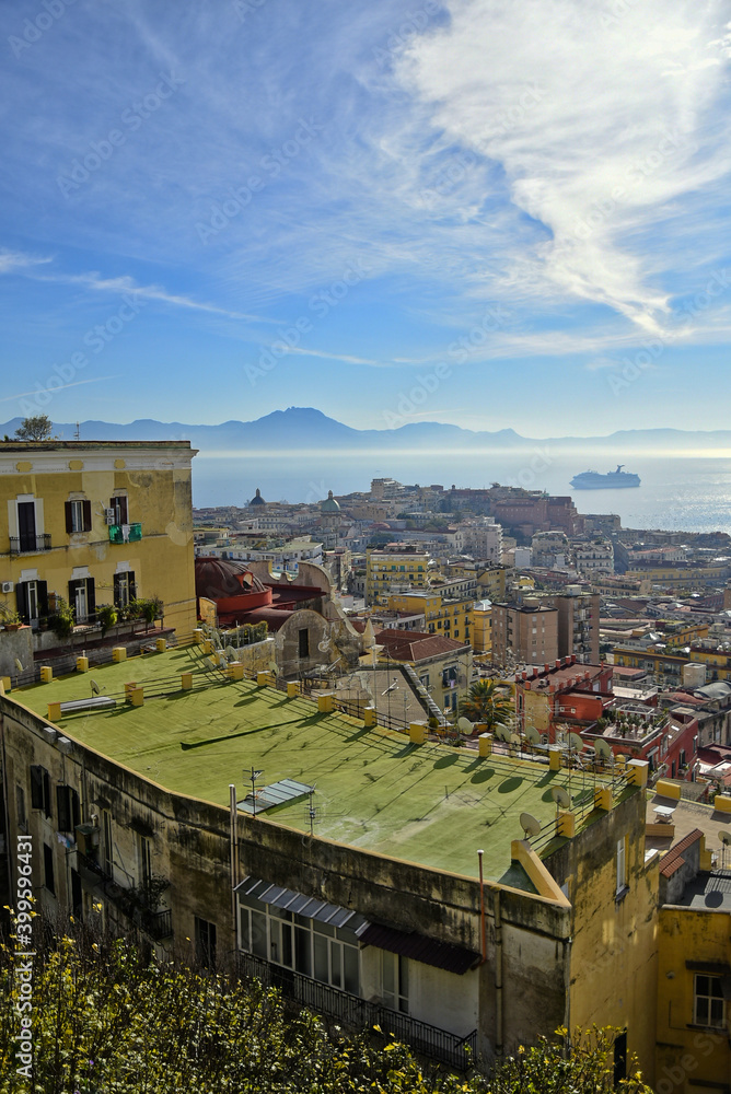 Panorama of the gulf of Naples from a hill in a residential neighborhood, Italy.