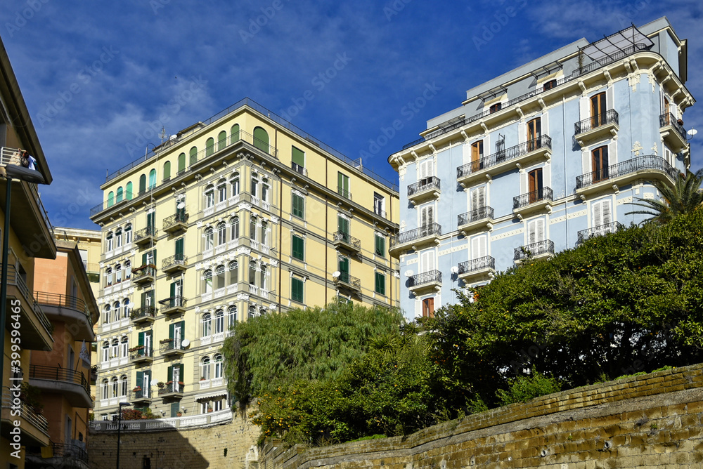 Naples, Italy, 12/13/2020. Art nouveau buildings in a residential area of the city.