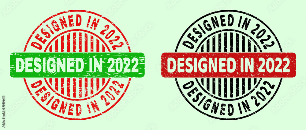DESIGNED IN 2022 bicolor round watermarks with unclean texture. Flat vector scratched seals with DESIGNED IN 2022 phrase inside round shape, in red, black, green colors. Round bicolor watermarks.