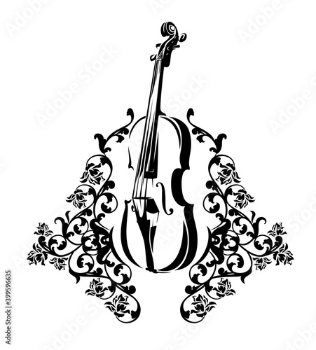 violin and rose flowers heraldic decor - black and white vector coat of arms design for classical music and stringed musical instrument