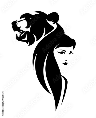 beautiful woman with long hair and bear head black and white vector design - tribal portrait of shaman native american girl and wild animal