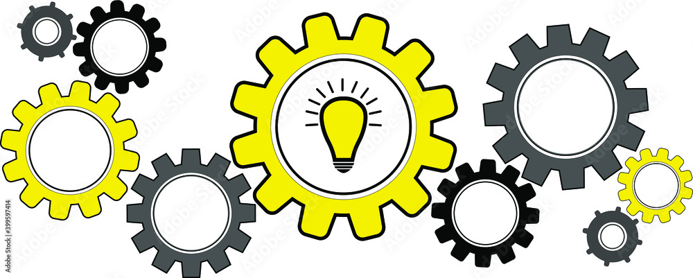 gray yellow gears with light bulb is a symbol of a new idea and discovery. Vector graphics