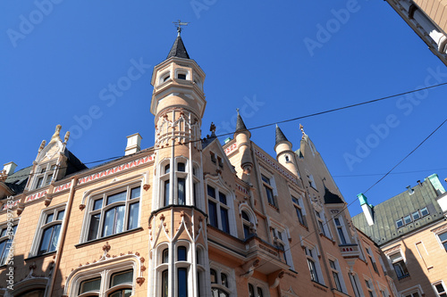 Very beautiful medieval building with tower in the Old Town of Riga, Latvia, Baltic States 