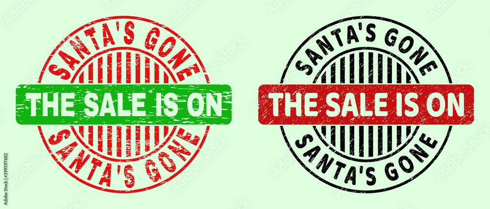 SANTA'S GONE THE SALE IS ON bicolor round imprints with scratched style. Flat vector textured stamps with SANTA'S GONE THE SALE IS ON phrase inside round shape, in red, black, green colors. SANTA'S GONE THE SALE IS ON bicolor round imprints with scratched style. Flat vector textured stamps with SANTA'S GONE THE SALE IS ON phrase inside round shape, in red, black, green colors.