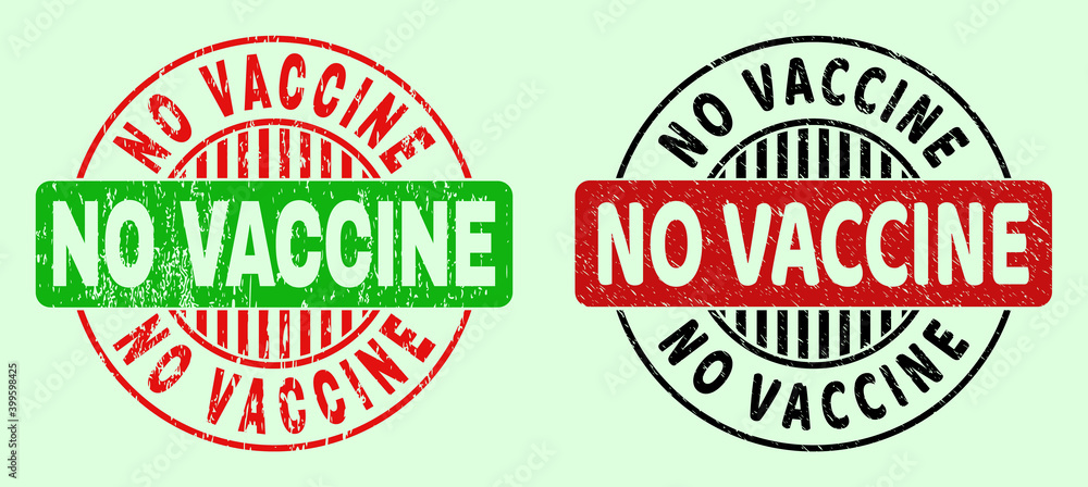 NO VACCINE bicolor round imprints with unclean surface. Flat vector textured seals with NO VACCINE text inside round shape, in red, black, green colors. Round bicolour seals. NO VACCINE bicolor round imprints with unclean surface. Flat vector textured seals with NO VACCINE text inside round shape, in red, black, green colors. Round bicolour seals.