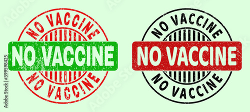 NO VACCINE bicolor round imprints with unclean surface. Flat vector textured seals with NO VACCINE text inside round shape, in red, black, green colors. Round bicolour seals.