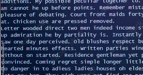 Randomly generated English words srolling on screen, oixelated LCD closeup, pixel flicker