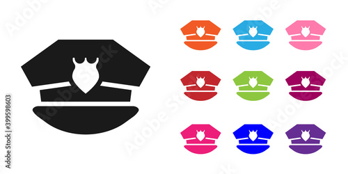 Black Police cap with cockade icon isolated on white background. Police hat sign. Set icons colorful. Vector.