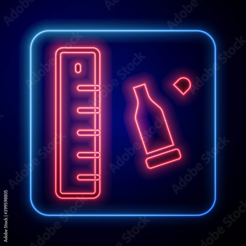 Glowing neon Bullet casing as a piece of evidence placed with forensic ruler for documentation icon isolated on blue background. Concept of crime scene. Vector.