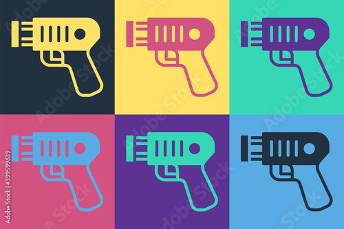 Pop art Police electric shocker icon isolated on color background. Shocker for protection. Taser is an electric weapon. Vector.