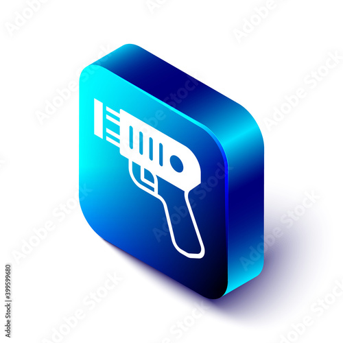 Isometric Police electric shocker icon isolated on white background. Shocker for protection. Taser is an electric weapon. Blue square button. Vector.
