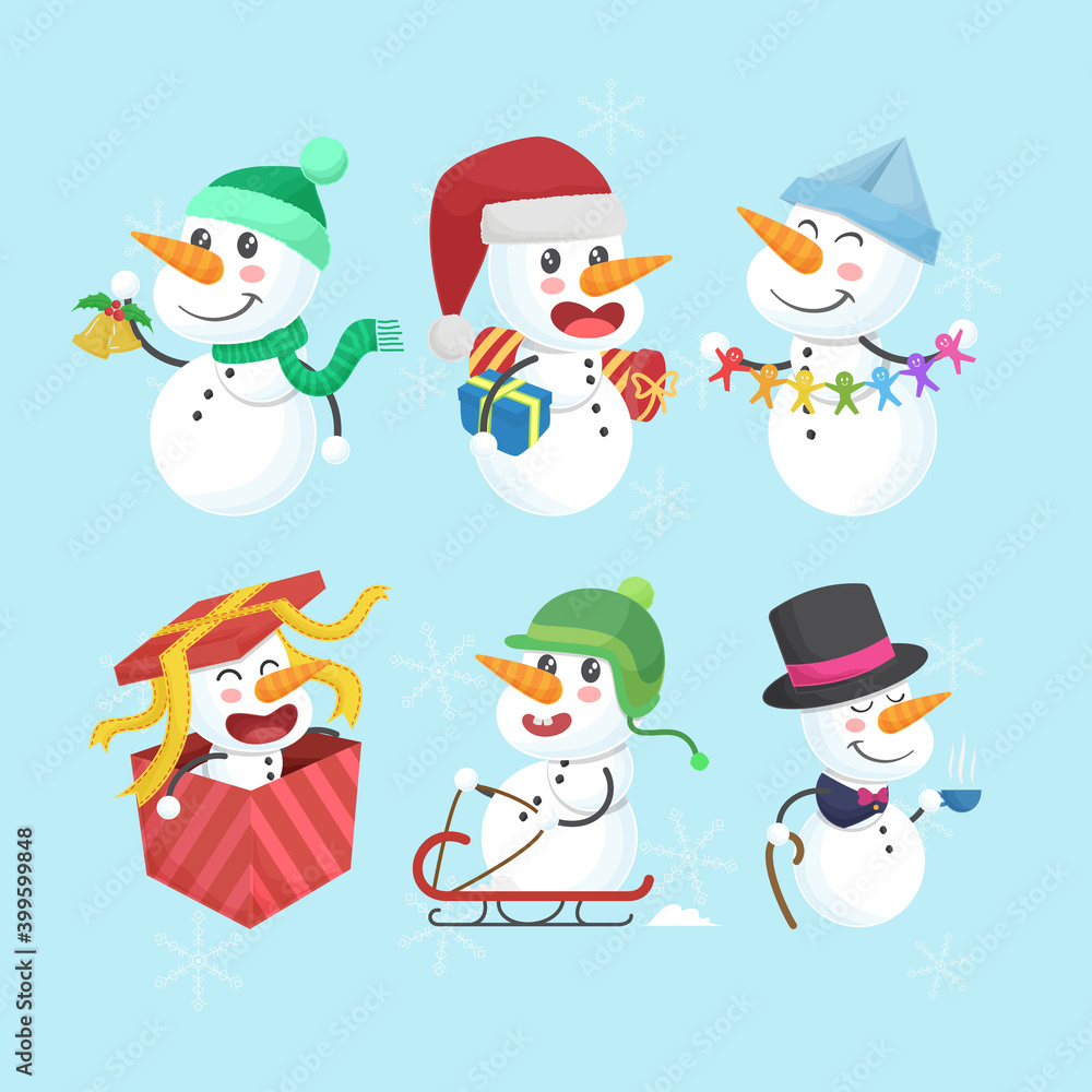 Christmas snowman hand drawn flat cartoon cute funny collection