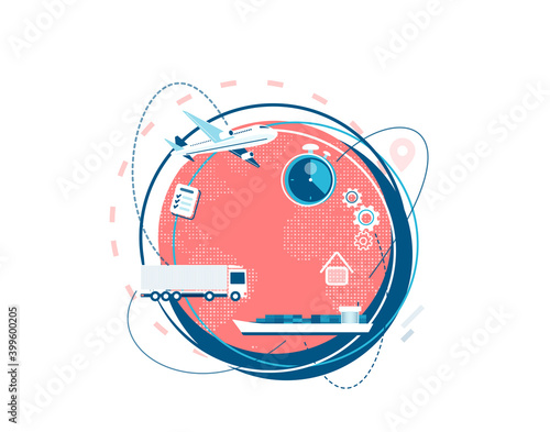 Shipping, logistic supply chain vector illustration. Export, import concept isolated on white background with world earth globe and plane, truck, cargo boat delivery symbols