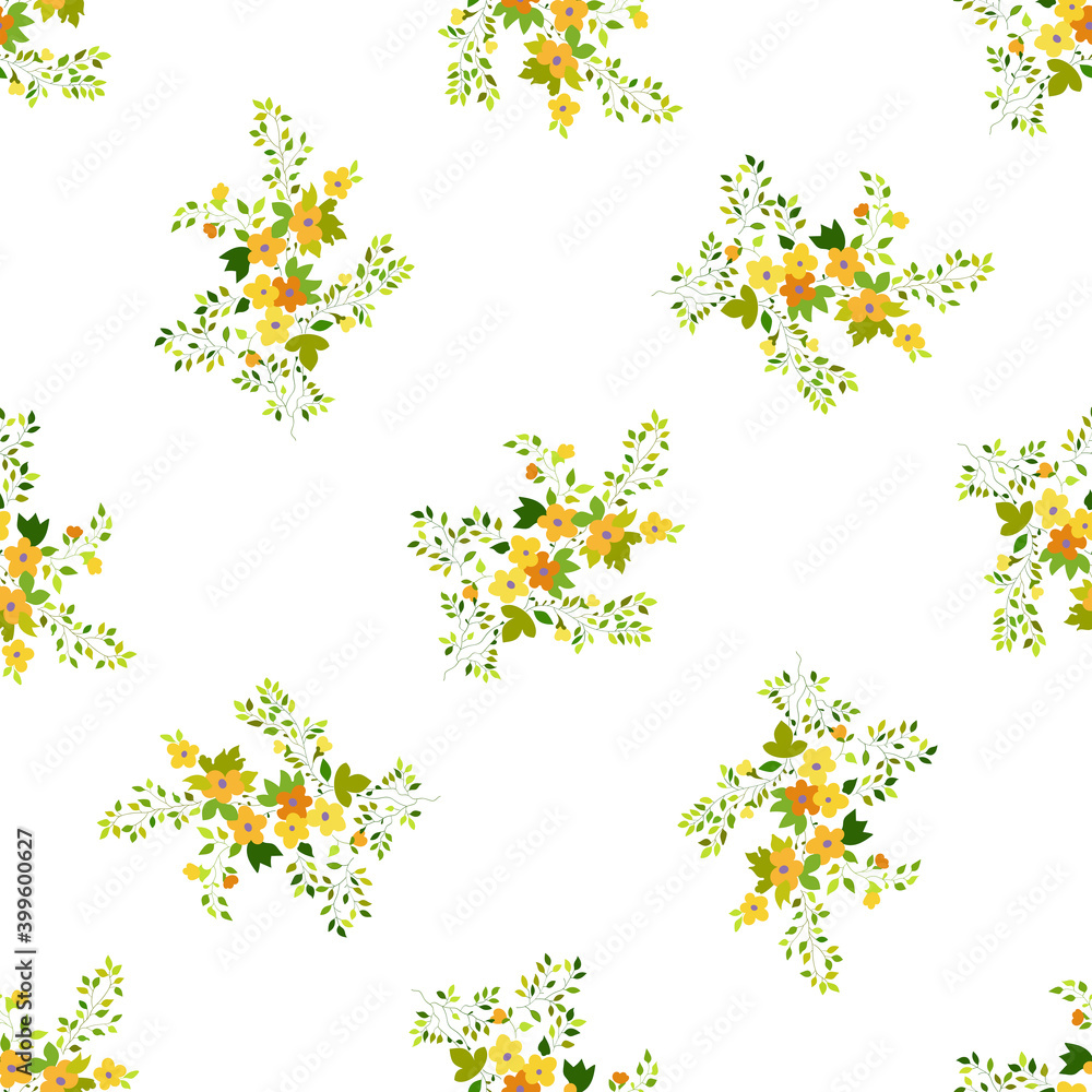 Seamless pattern floral flowers, petals, bouquet. Shades of green, yellow, and violet. For print, fabric, t-shirts. 