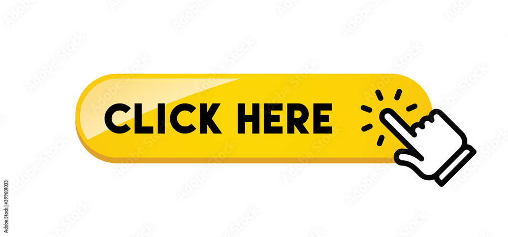 Click here button with hand clicking icon. 3d shiny style vector. Click here button with hand clicking icon. 3d shiny style vector.