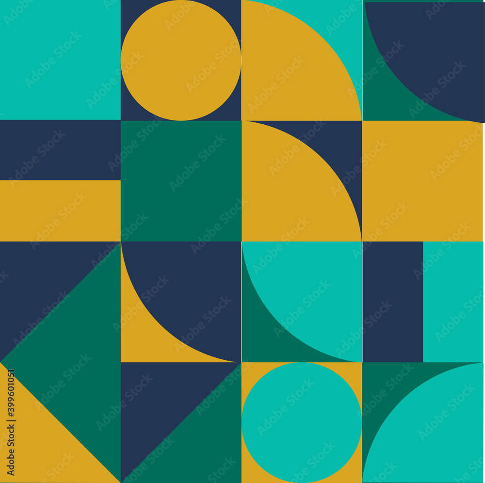 Geometric minimalistic background with simple shapes of retangle, circle, triangle for wed banner, poster, presentation, print, fabric. Abstract vector art in intensive colours.