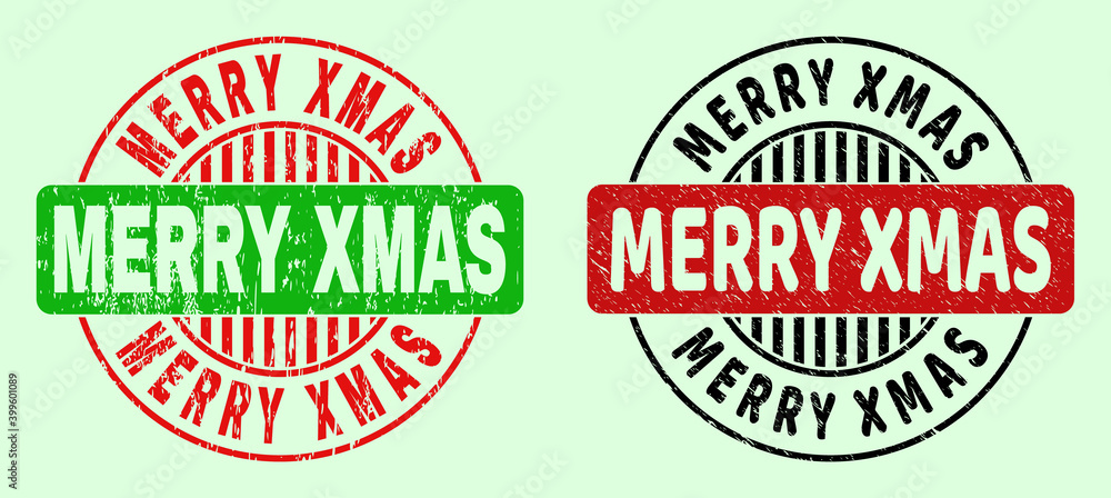 MERRY XMAS bicolor round rubber imitations with grunge surface. Flat vector distress seal stamps using MERRY XMAS text inside round shape, in red, black, green colors. Rounded bicolor seal stamps. MERRY XMAS bicolor round rubber imitations with grunge surface. Flat vector distress seal stamps using MERRY XMAS text inside round shape, in red, black, green colors. Rounded bicolor seal stamps.