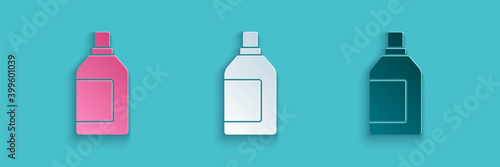 Paper cut Plastic bottle for laundry detergent, bleach, dishwashing liquid or another cleaning agent icon isolated on blue background. Paper art style. Vector.