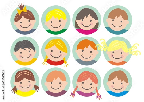Faces od girls and boys, happy kids, vector illustration. Isolated objects, heads of little children. Different expressions of children's faces on the blue background.