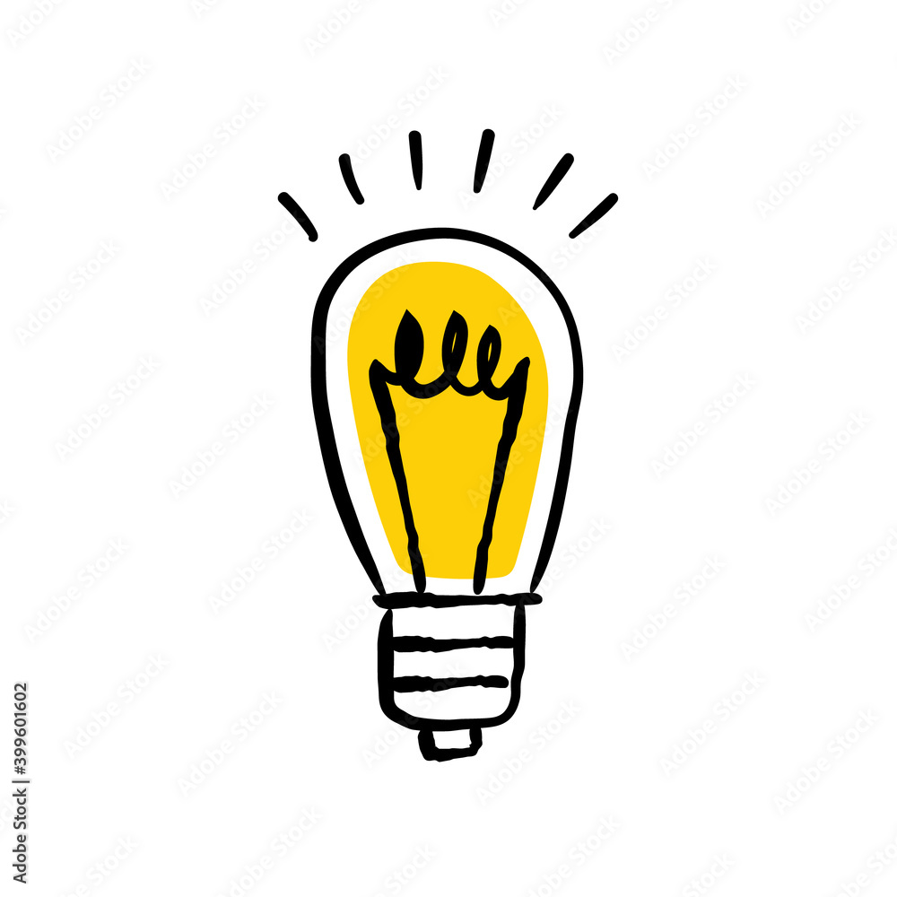 Shining light bulb doodle illustration. Hand drawn bright electric lamp. Symbol of idea and solution. Shining light bulb doodle illustration. Hand drawn bright electric lamp. Symbol of idea and solution.