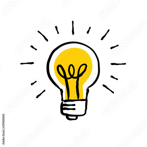 Shining light bulb doodle illustration. Hand drawn bright electric lamp. Symbol of idea and solution.
