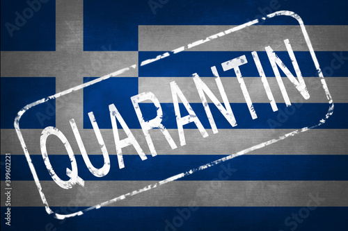 The stamp "CLOSED" on the background of the flag of Greece. Quarantine during the COVID-19 coronavirus pandemic in Greece. Anti-epidemic quarantine measures.