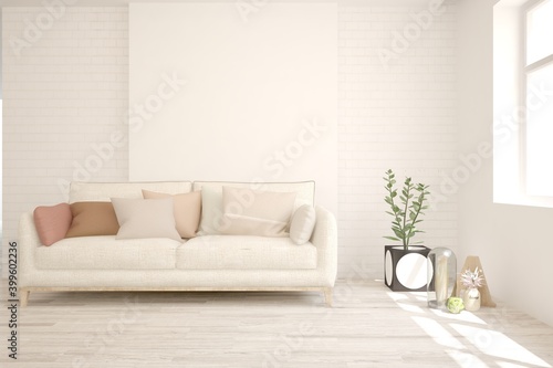 White living room with sofa. Scandinavian interior design. 3D illustration