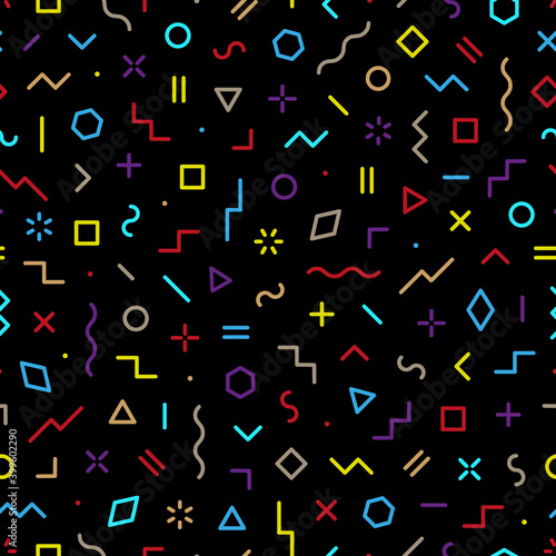 Memphis seamless pattern. Abstract geometric background. Multicolored geo design for every day prints. Modern hipster graphic neo circle, line, square, triangle. Fashion colorful element shape. Vector