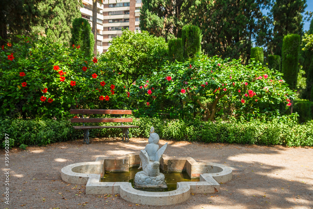 Valencia, Spain-07/20/2019:Monforte Garden - Jardines de Monforte. A neoclassic design full of statues, pools, fountains, walkways and rest areas.	Editorial use only.
