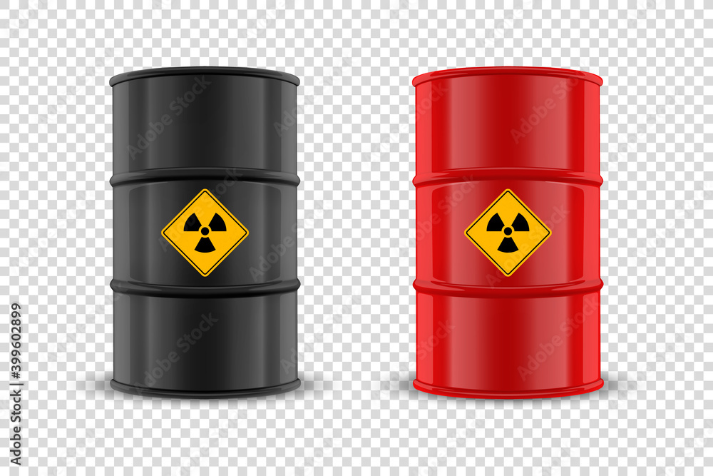 Vector 3d Realistic Black and Red Simple Glossy Enamel Metal Oil, Fuel, Gasoline Barrels. Biohazard, Danger, Radiation Sign Isolated. Design Template of Packaging for Mockup. Front View Vector 3d Realistic Black and Red Simple Glossy Enamel Metal Oil, Fuel, Gasoline Barrels. Biohazard, Danger, Radiation Sign Isolated. Design Template of Packaging for Mockup. Front View