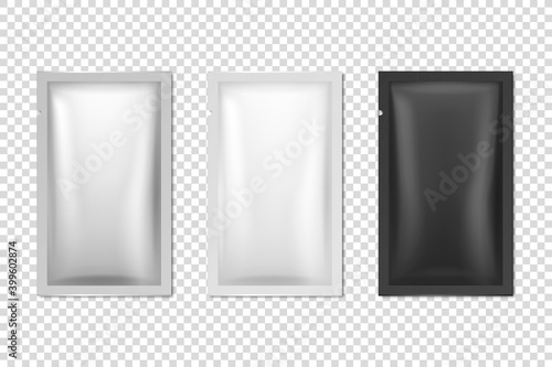 Vector 3d Realistic Foil, White, Black Long Slim Blank Packaging Set Isolated. Coffee, Tea, Salt, Sugar, Spices, Sachet, Wet Wipe Wrapper. Design Template, Packing, Mockup. Top View