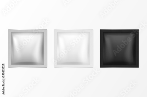 Vector 3d Realistic Square Foil, White, Black Blank Packaging Set Isolated. Drugs, Coffee, Salt, Sugar, Pepper, Spices, Sachet, Condom Wrapper. Design Template for Mockup. Top View