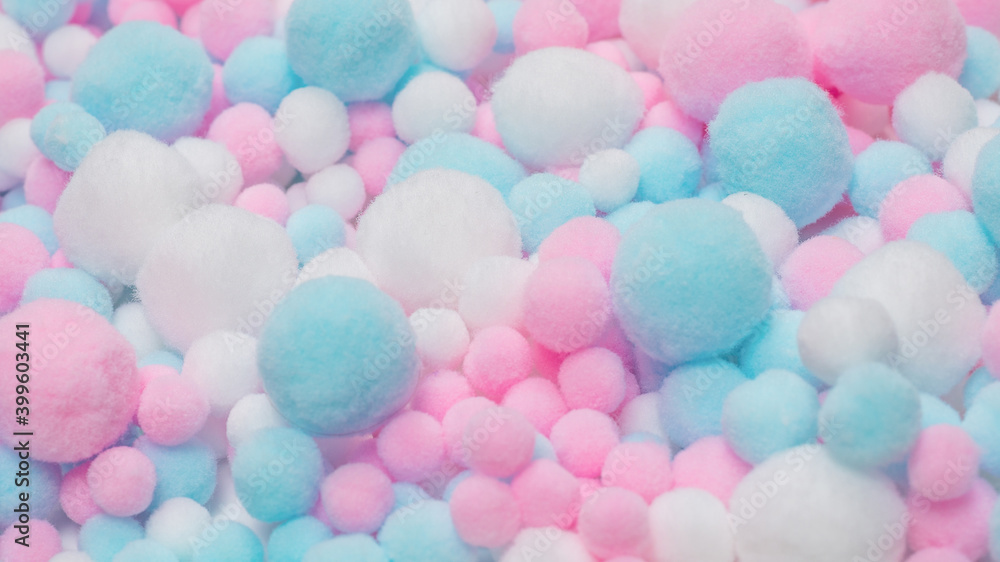 White, pink and blue soft pompons. White, pink and blue soft pompons.