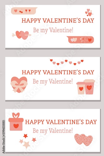 Set of St Valentine cards Be my Valentine Flat vector illustration