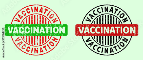 VACCINATION bicolor round rubber imitations with grunge surface. Flat vector scratched seal stamps with VACCINATION caption inside round shape, in red, black, green colors. Round bicolour seal stamps.