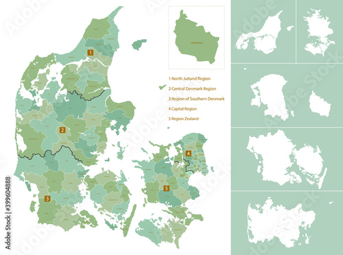 Detailed map of Denmark with administrative divisions into regions, major cities of the country, vector Illustration on white background