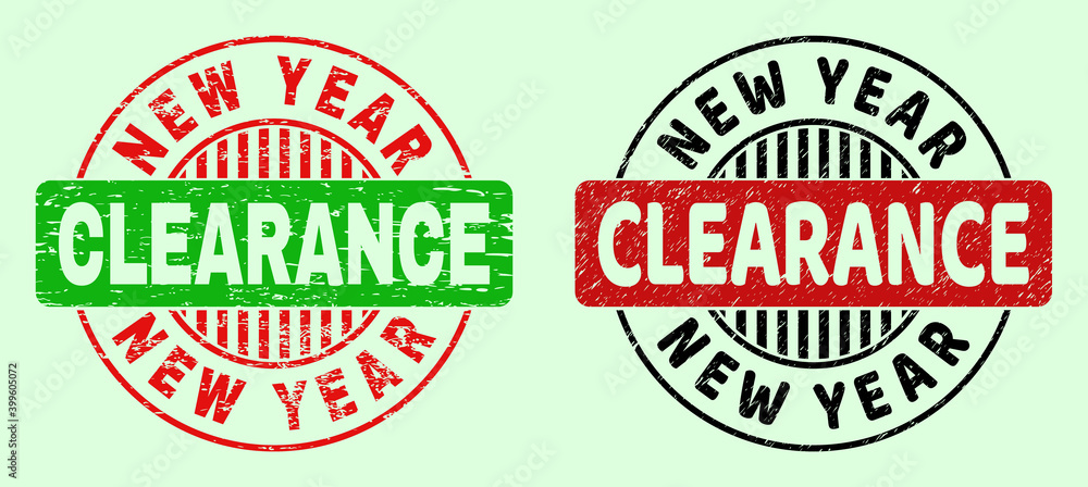 NEW YEAR CLEARANCE bicolor round imprints with unclean texture. Flat vector scratched stamps with NEW YEAR CLEARANCE phrase inside round shape, in red, black, green colors. Round bicolor seal stamps. NEW YEAR CLEARANCE bicolor round imprints with unclean texture. Flat vector scratched stamps with NEW YEAR CLEARANCE phrase inside round shape, in red, black, green colors. Round bicolor seal stamps.