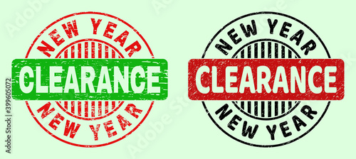 NEW YEAR CLEARANCE bicolor round imprints with unclean texture. Flat vector scratched stamps with NEW YEAR CLEARANCE phrase inside round shape, in red, black, green colors. Round bicolor seal stamps.